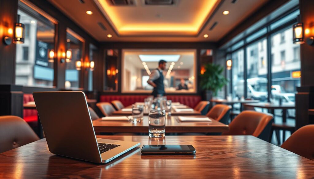 A cozy, well-lit restaurant interior with a modern, minimalist design. Warm, ambient lighting casts a soft glow over wooden tables and sleek, chrome accents. In the foreground, a laptop and smartphone sit on the table, symbolizing the digital tools used for restaurants SEO. The middle ground features a waiter approaching the table, highlighting the human element of the dining experience. In the background, a large window overlooking a bustling city street, suggesting the importance of online visibility and reaching potential diners. The overall mood is one of a harmonious blend of technology and hospitality, reflecting the core principles of effective restaurants SEO.
